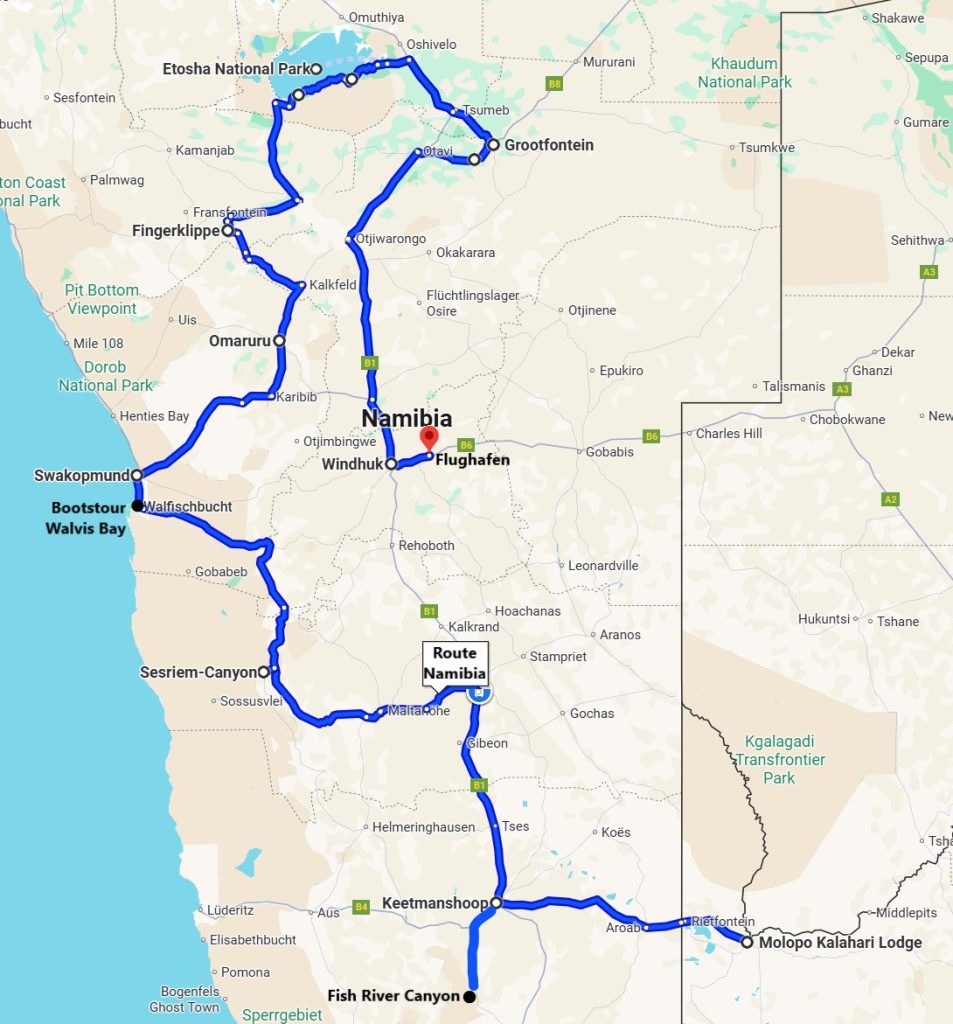 Südafrika & Namibia - Vom Kap der Guten Hoffnung zum Etosha-Park 3 Namibia Reiseroute 3
